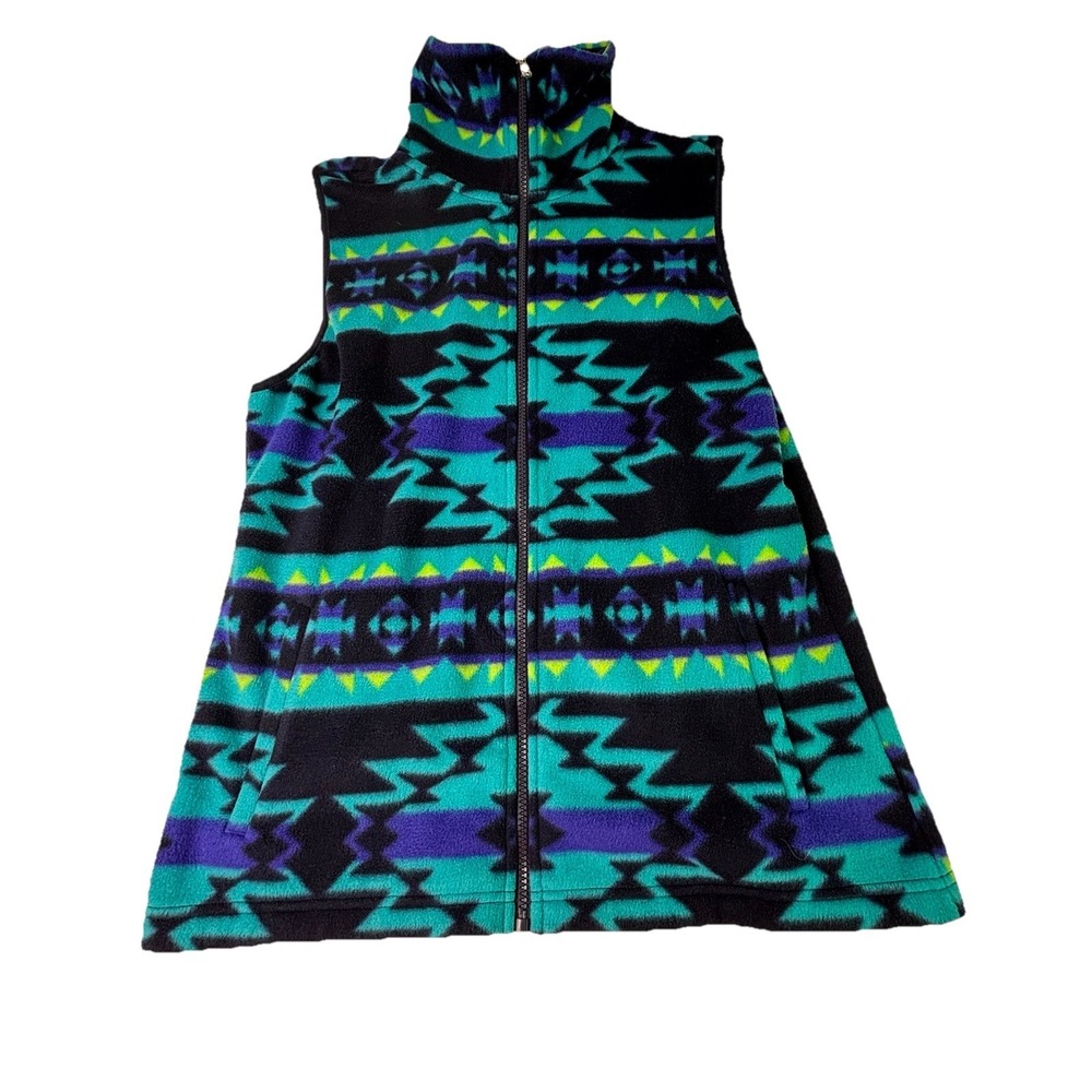 Chaps‎ Womens Southwestern Fleece Vest Size Medium Aztec Pockets Full Zip Blue